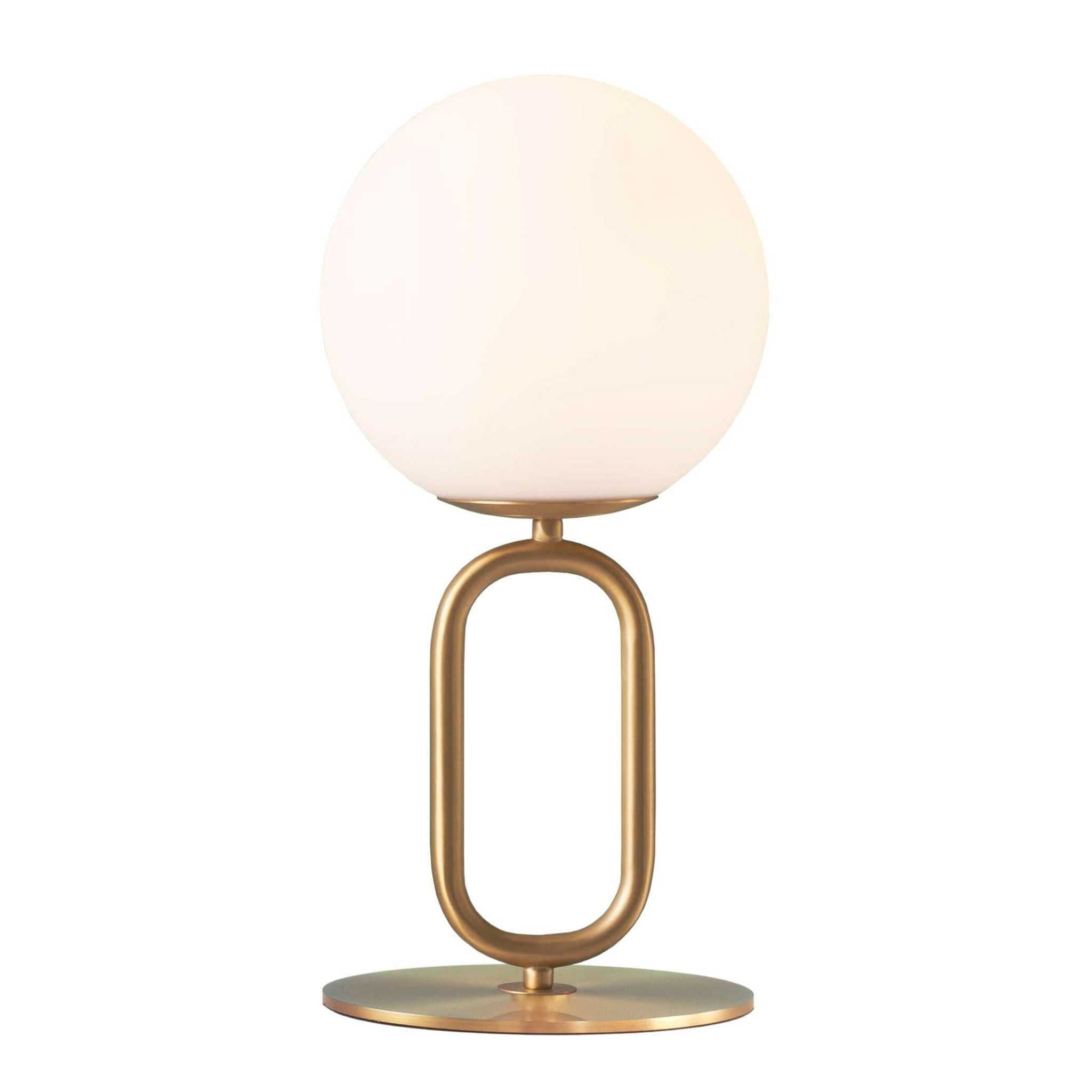 Brass desk lamp with frosted glass shade and modern oval base design