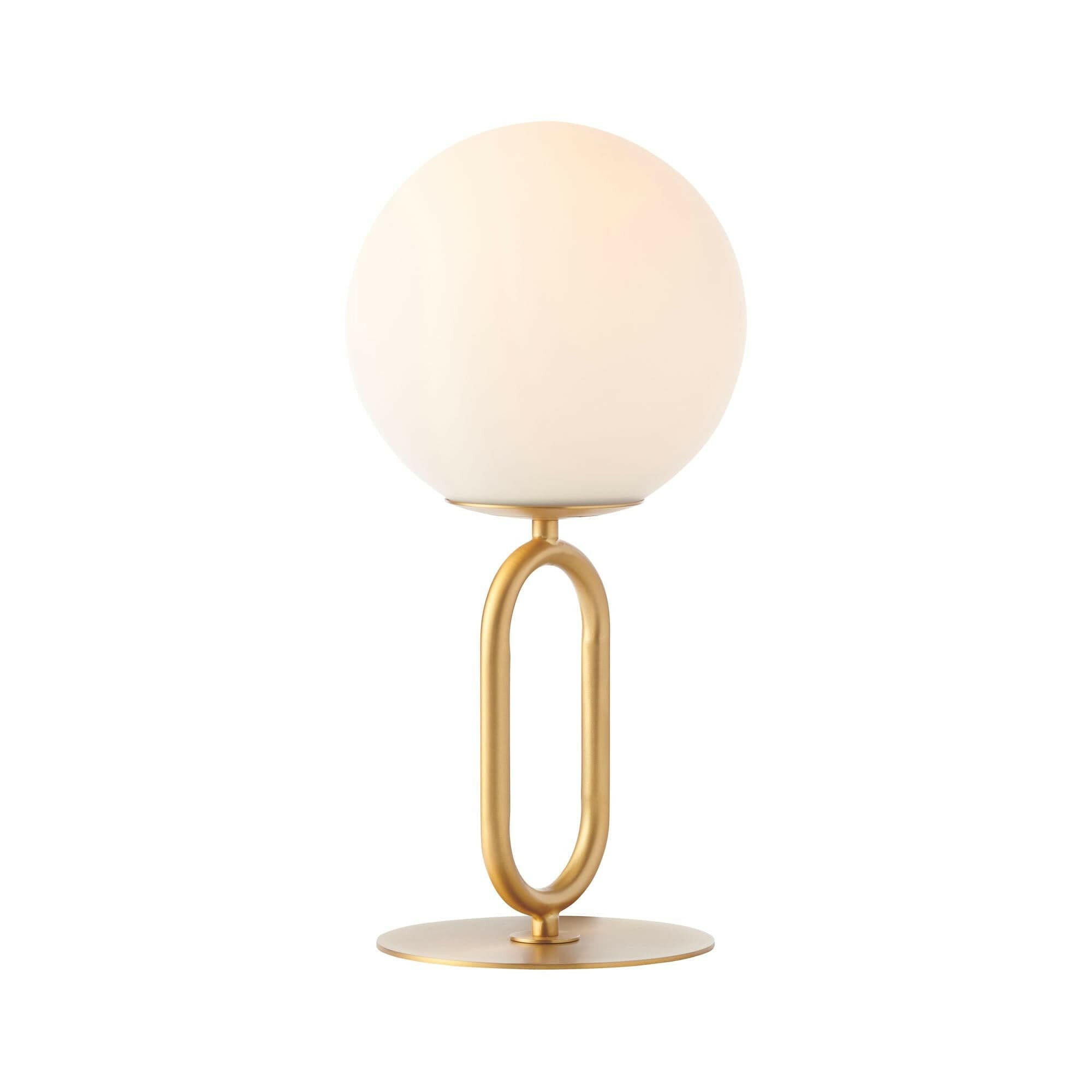 Modern brass desk lamp with frosted glass shade and oval-shaped base