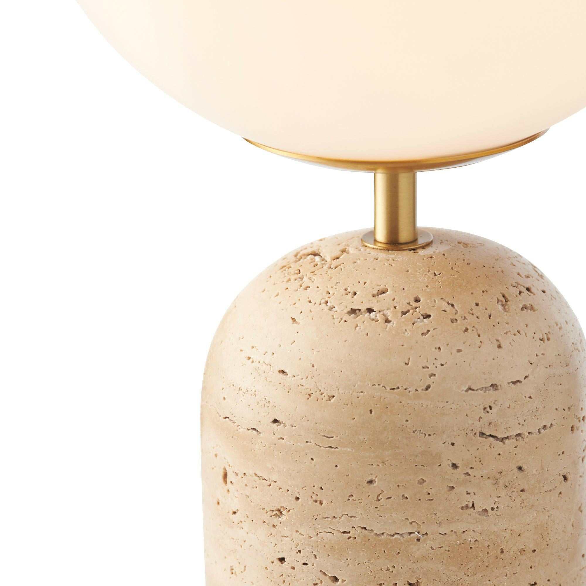 Soren Desk Lamp with travertine base, frosted glass shade, and brass details
