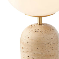 Soren Desk Lamp with travertine base, frosted glass shade, and brass details