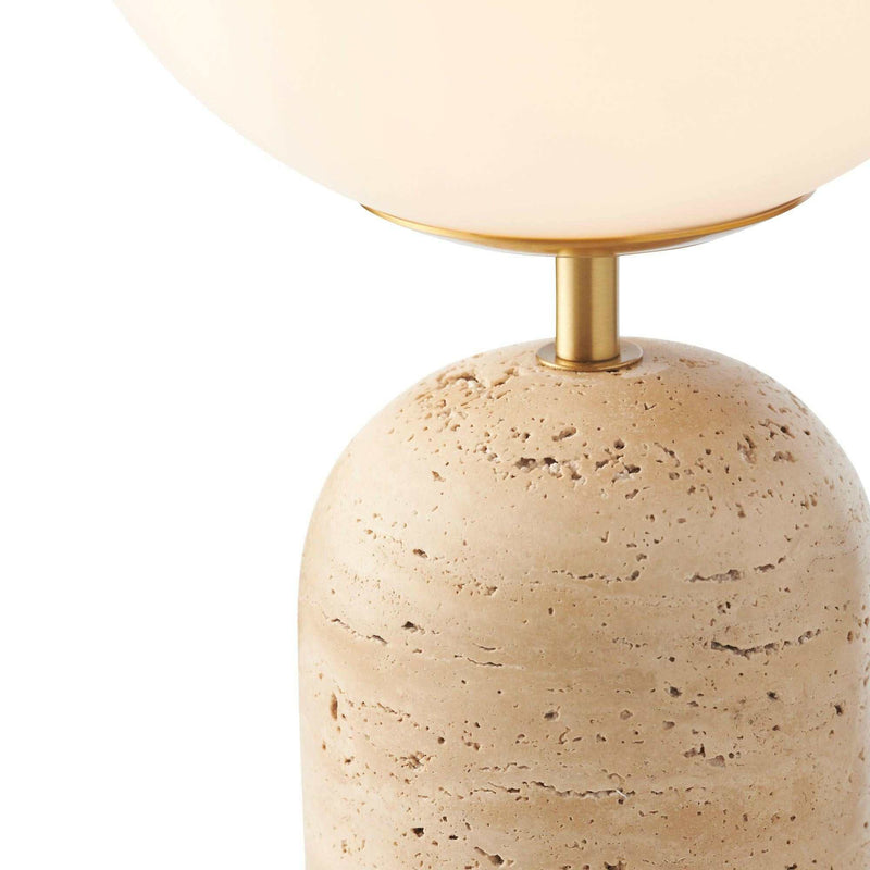 Soren Desk Lamp with travertine base, frosted glass shade, and brass details