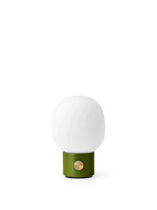 Menu JWDA Portable Lamp in dusty green with brass dimmer and elliptical glass shade, cordless table lamp with USB charging.