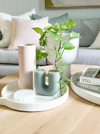 Black Blaze candles Black Blaze Curl Curl Sage candle on white tray with greenery in modern living room
