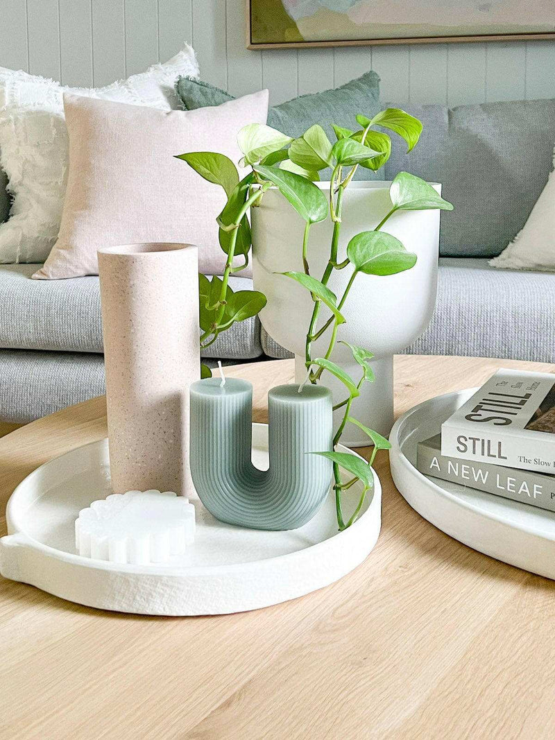 Black Blaze candles Black Blaze Curl Curl Sage candle on white tray with greenery in modern living room