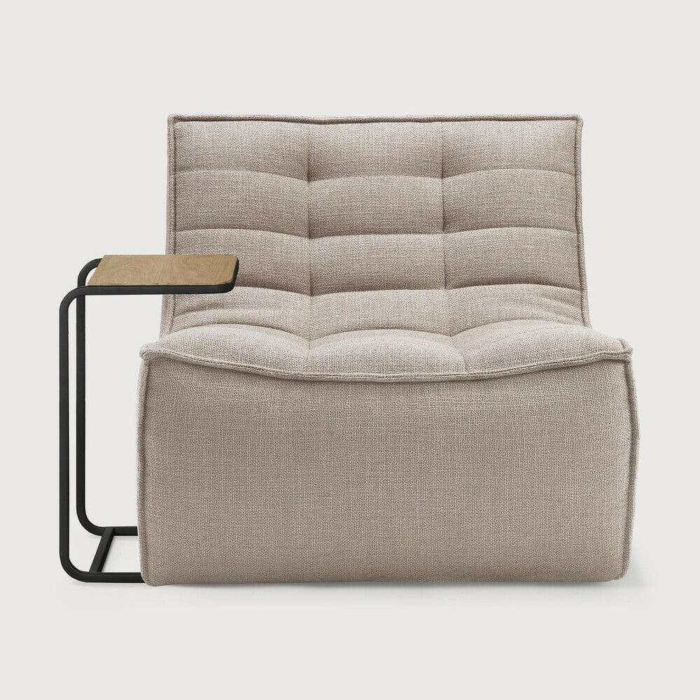 Ethnicraft Sofa N701 1-seater in dark beige fabric with cushioned backrest and attached side table.