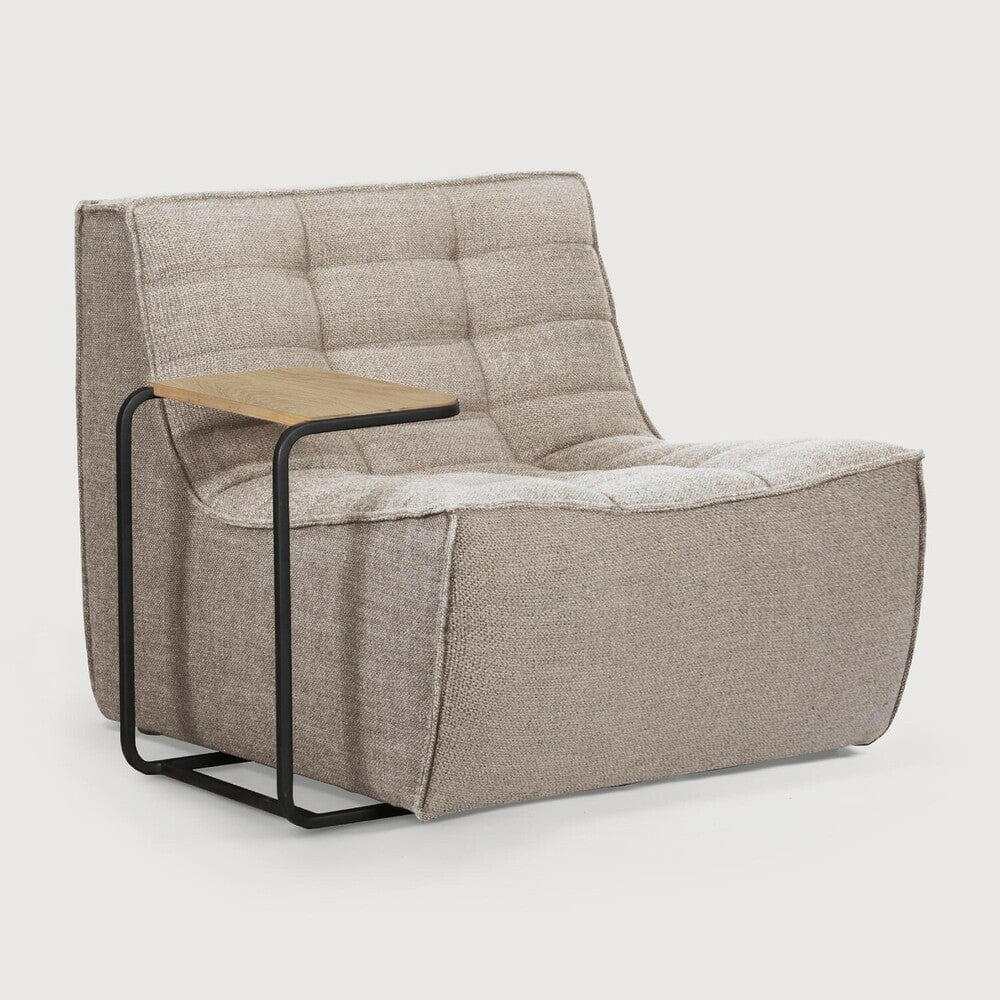 Ethnicraft dark beige one-seater sofa with cushioned upholstery and attached wooden side table