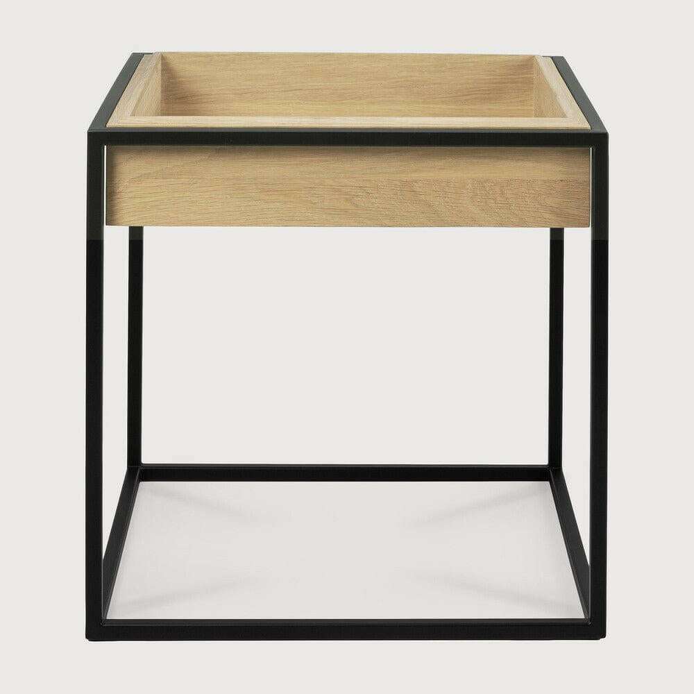 Ethnicraft Oak Monolit side table with solid oak storage and black metal frame