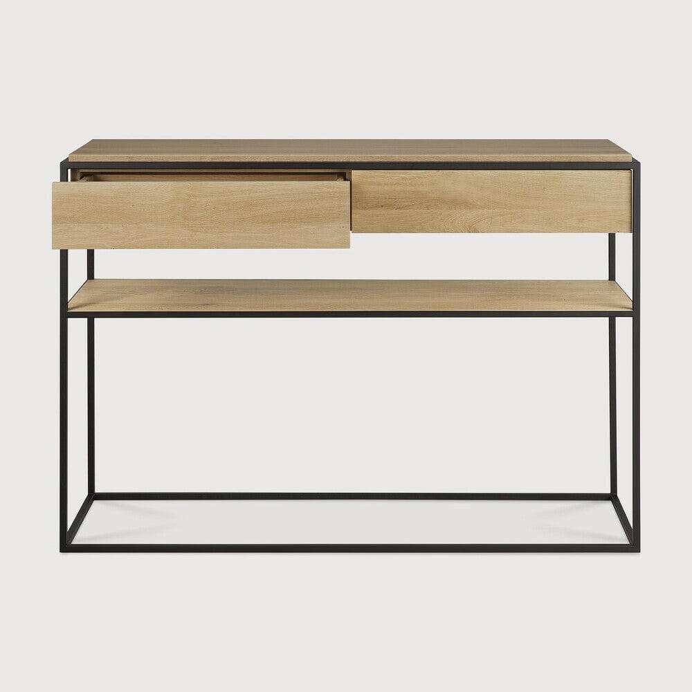 Ethnicraft Monolit Console with oak drawers and metal frame, modern natural oak console table with lower shelf