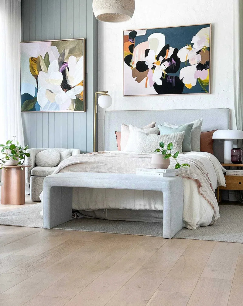 Oak framed Prudence De Marchi abstract canvas print 'Kate on the Turntable' in modern bedroom setting