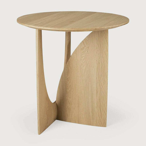 Ethnicraft Oak Geometric Side Table with round top and intersecting solid oak base in natural varnished finish