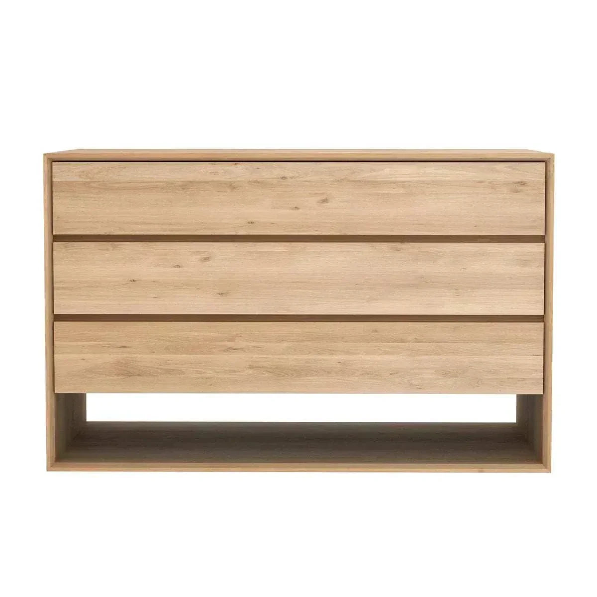 Ethnicraft Nordic Chest of Drawers in natural oak with three spacious drawers and open shelf at the base