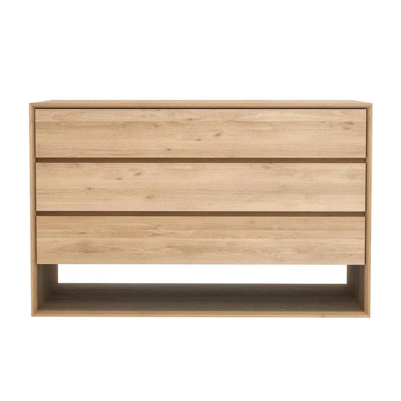 Ethnicraft Nordic Chest of Drawers in natural oak with three spacious drawers and open shelf at the base