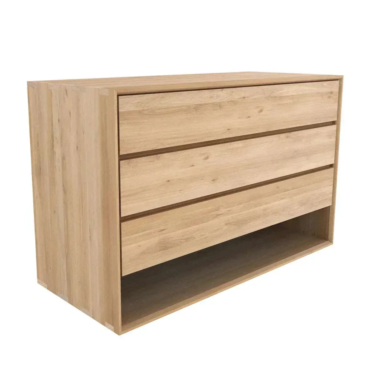 Ethnicraft Nordic 3 drawer chest of drawers in natural oak made from solid European wood with open bottom shelf