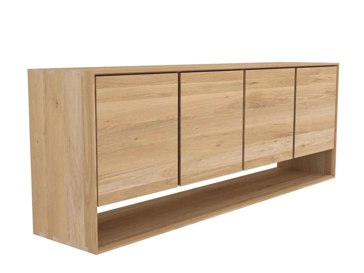 Ethnicraft Nordic Sideboard in natural solid oak with 4 doors and open shelf, minimalist design