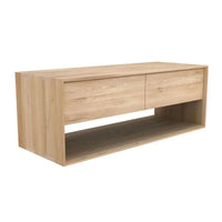 Ethnicraft Nordic Entertainment Unit in natural oak with one drawer and open shelf, solid European Oak wood design