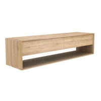 Ethnicraft Nordic Entertainment Unit in natural oak with two drawers and an open shelf, made from solid European oak.