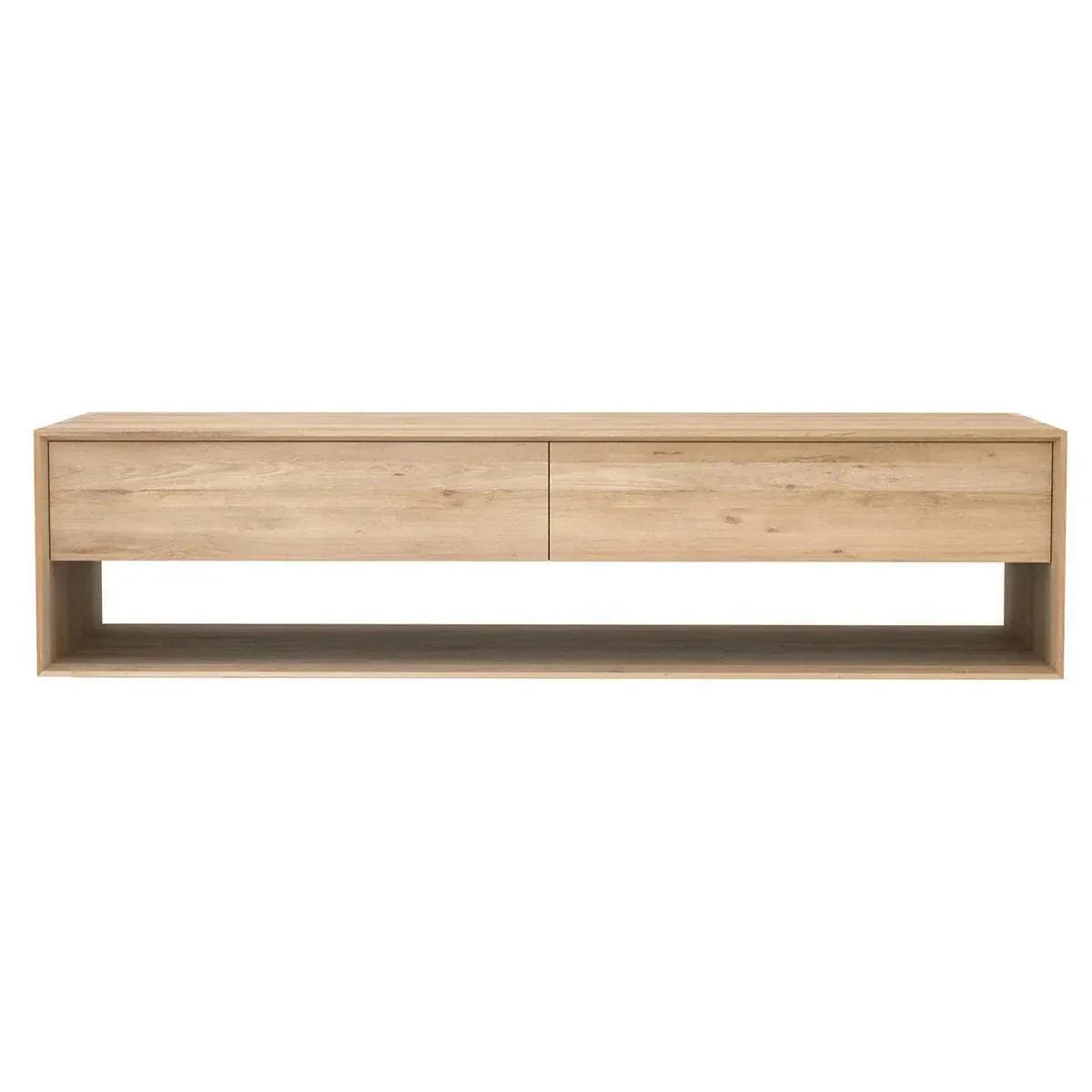 Ethnicraft Nordic Entertainment Unit in natural oak with two drawers and open shelf, solid European oak wood.