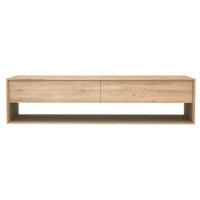 Ethnicraft Nordic Entertainment Unit in natural oak with two drawers and open shelf, solid European oak wood.