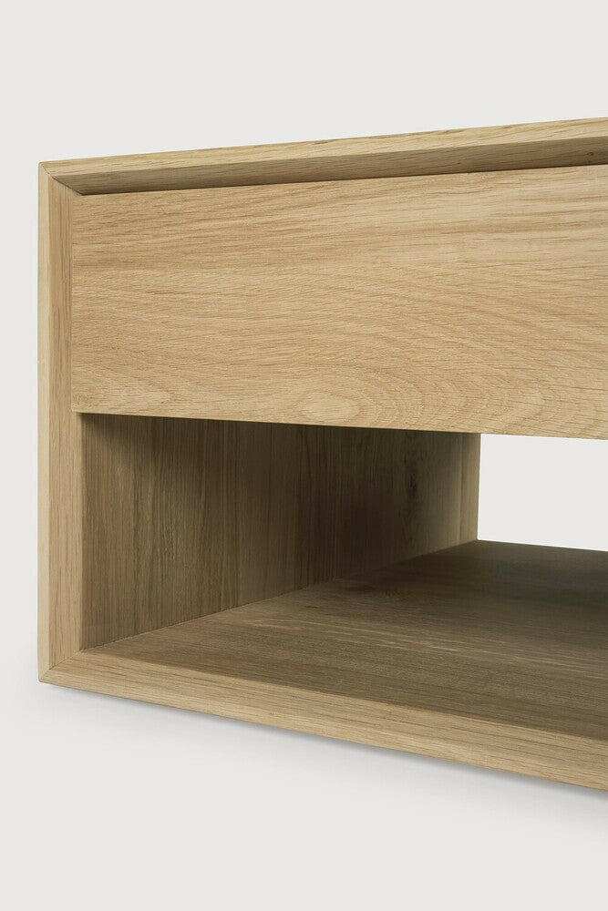 Natural oak Ethnicraft Nordic Coffee Table with one drawer and open shelf, made from solid European oak.