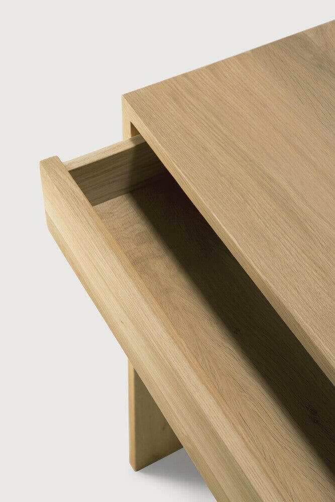 Ethnicraft Wave Desk in natural oak with one handleless soft-closing drawer, made from solid European oak