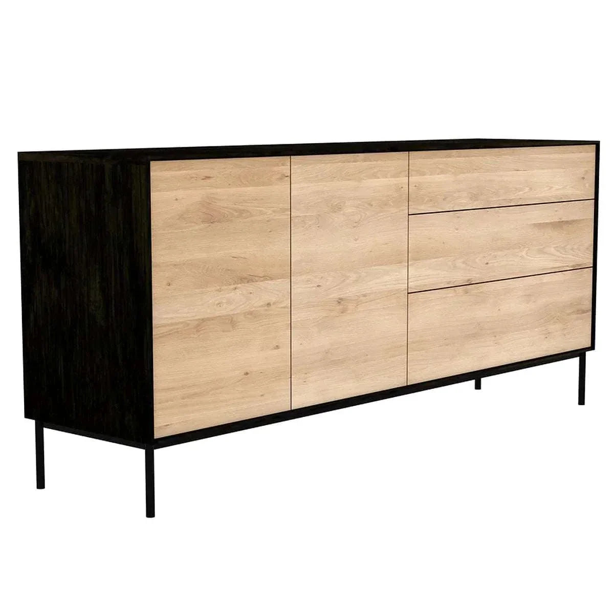 Ethnicraft Blackbird Sideboard in black oak with 2 doors and 3 drawers, solid European oak furniture.