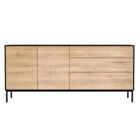 Ethnicraft Blackbird Sideboard in black oak with 2 doors and 3 drawers, solid European oak, modern design with soft round legs.