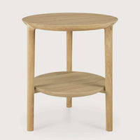 Ethnicraft Oak Bok Side Table with round top and lower shelf in natural oak finish