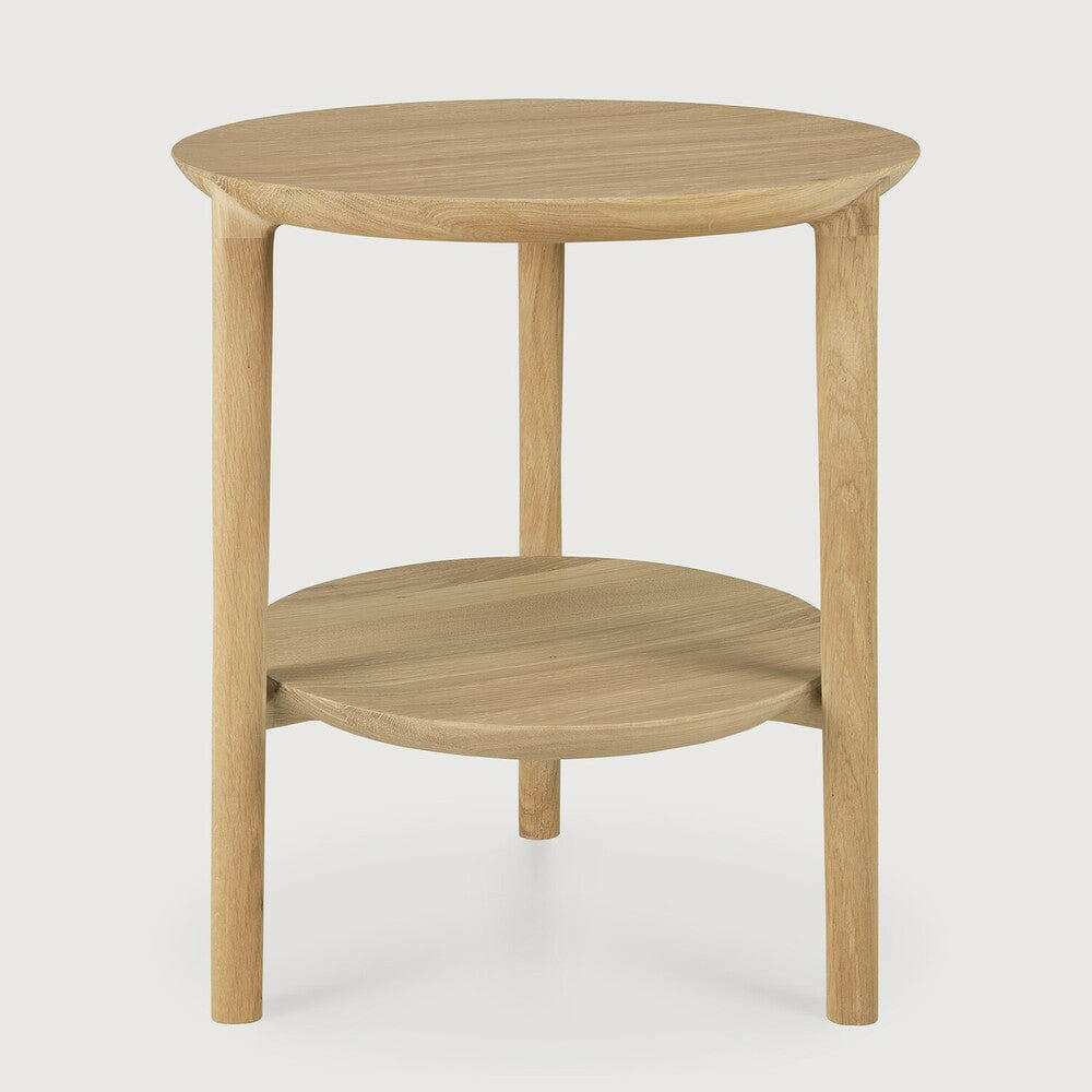 Ethnicraft Oak Bok Side Table with round top and lower shelf in natural oak finish