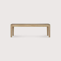 Ethnicraft Bok Bench made of solid natural oak with a minimalist design and sturdy construction for indoor use.