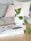 White textured bubbly Alder Pot planter with green trailing plant on wooden table with books and cushions in background