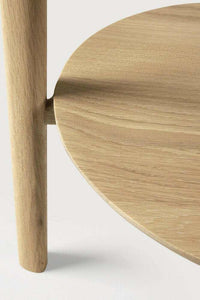 Close-up of Ethnicraft Oak Bok Side Table showcasing oak wood texture and round tabletop design