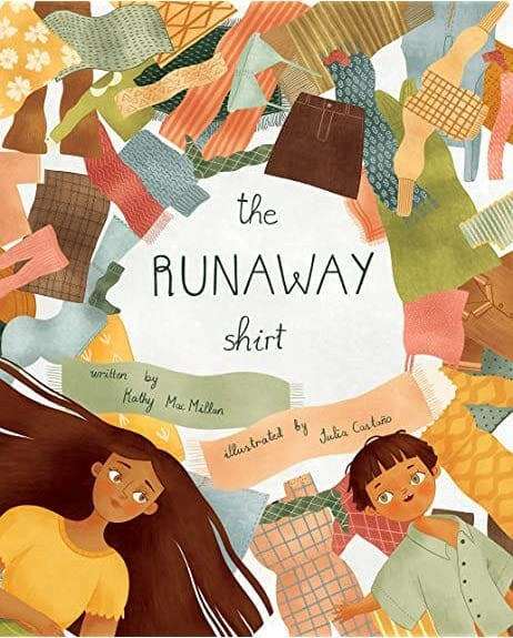 Cover of The Runaway Shirt children's book by Kathy MacMillan featuring illustrated clothes and two children.
