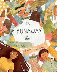 Cover of The Runaway Shirt children's book by Kathy MacMillan featuring illustrated clothes and two children.