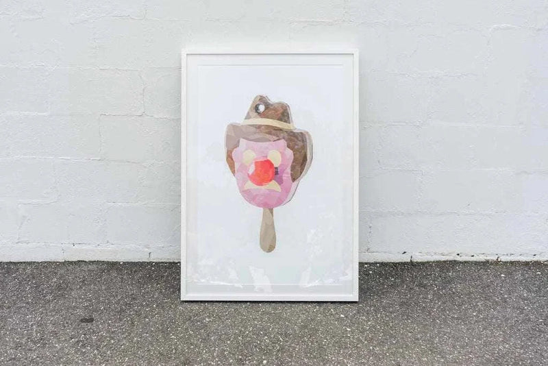 Framed DG Designs Dom Gauci Kids Art Print of Mr. Bill melting ice cream tribute on a white wall background