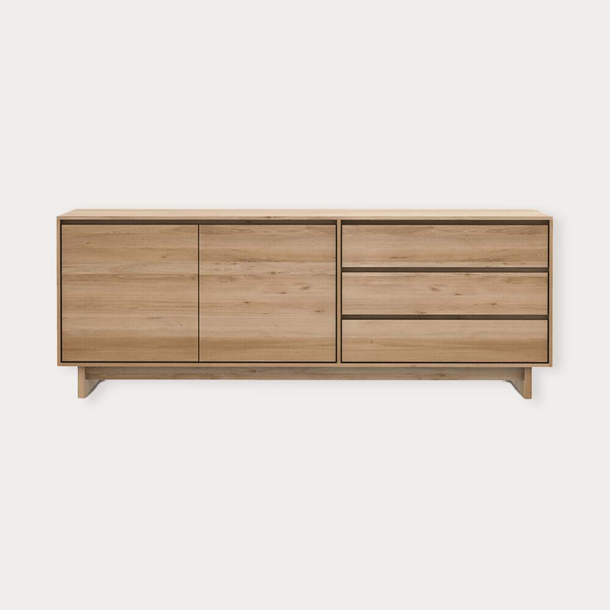 Ethnicraft Wave Sideboard large natural oak with two doors and three drawers, modern wooden storage cabinet