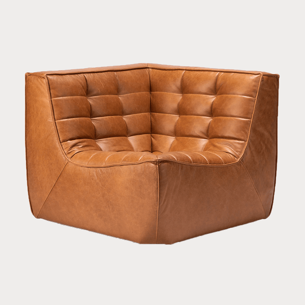 Ethnicraft Sofa N701 corner section in old saddle full aniline leather with cushioned tufted design and hardwood frame