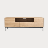 Ethnicraft Whitebird Entertainment Unit in natural oak with one door, one flip-down door, two drawers, and black legs.