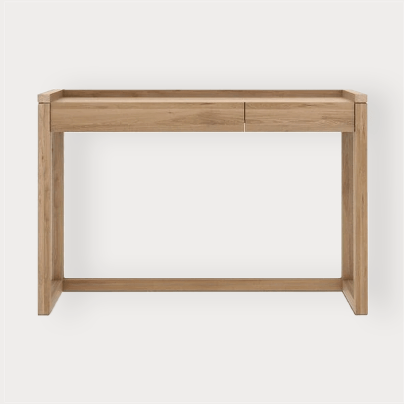 Ethnicraft Oak Frame PC console desk with two drawers in natural oak finish, compact design for small spaces