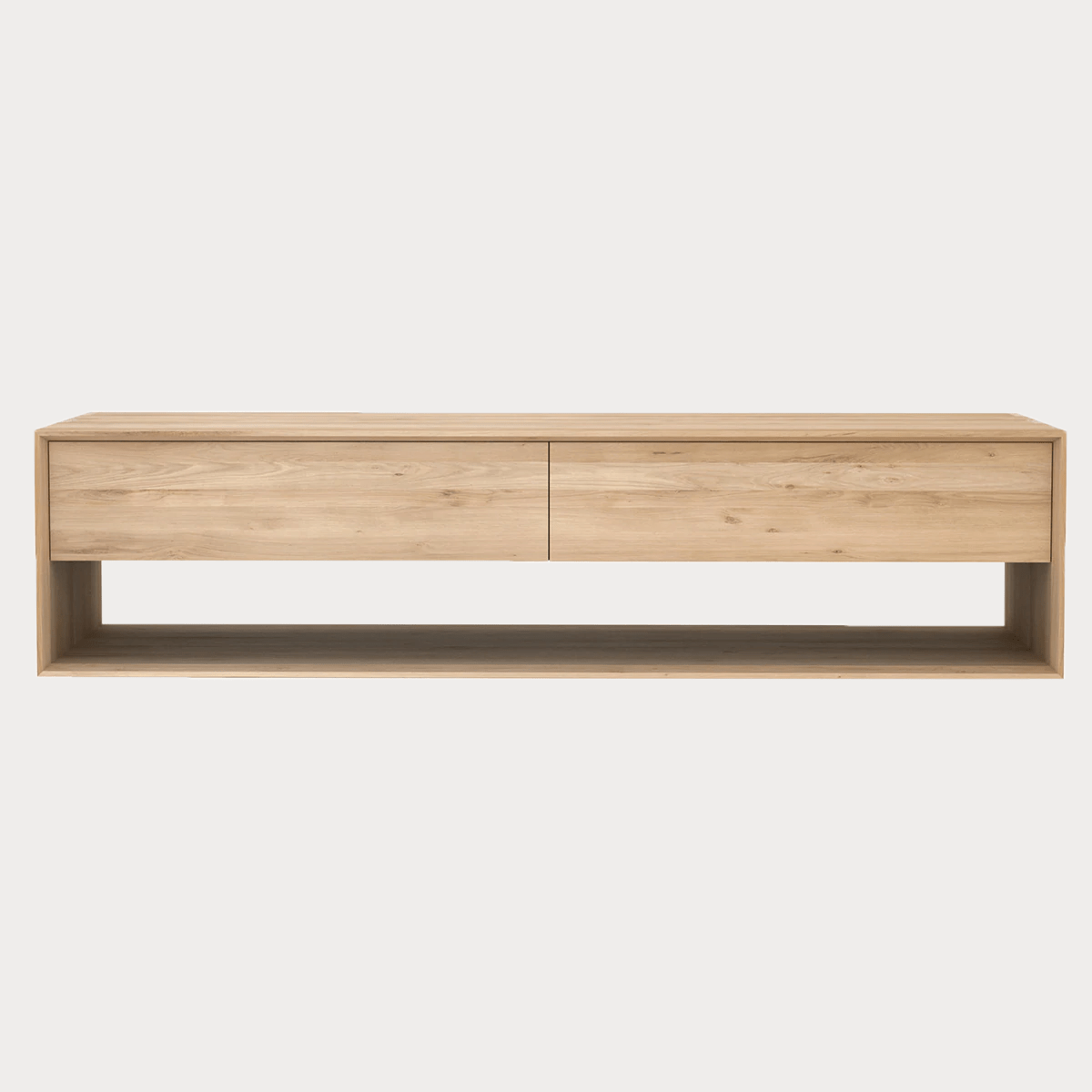 Ethnicraft Nordic Entertainment Unit in natural oak with two drawers and open shelf below, made from solid European oak.