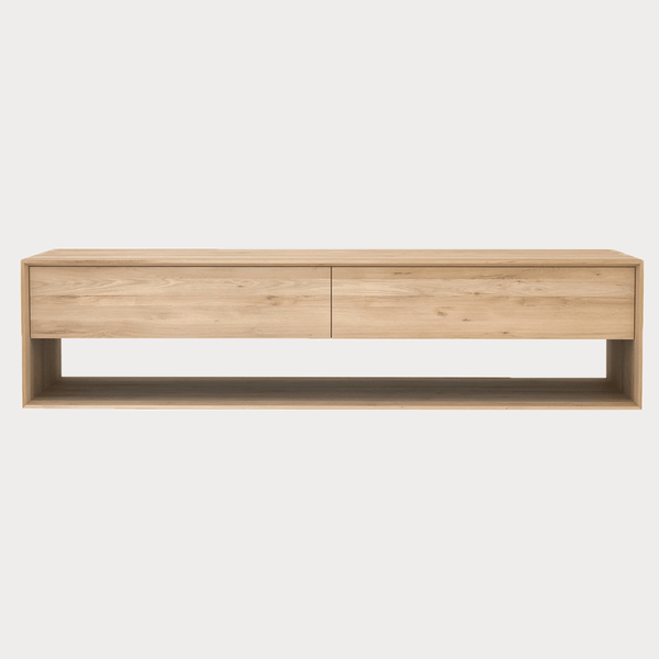 Ethnicraft Nordic Entertainment Unit in natural oak with two drawers and open shelf below, made from solid European oak.