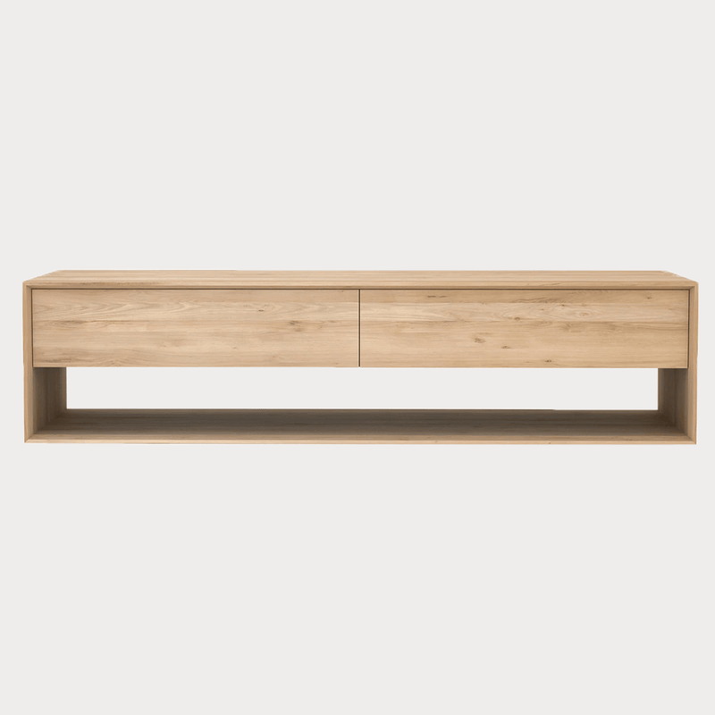 Ethnicraft Nordic Entertainment Unit in natural oak with two drawers and open shelf below, made from solid European oak.