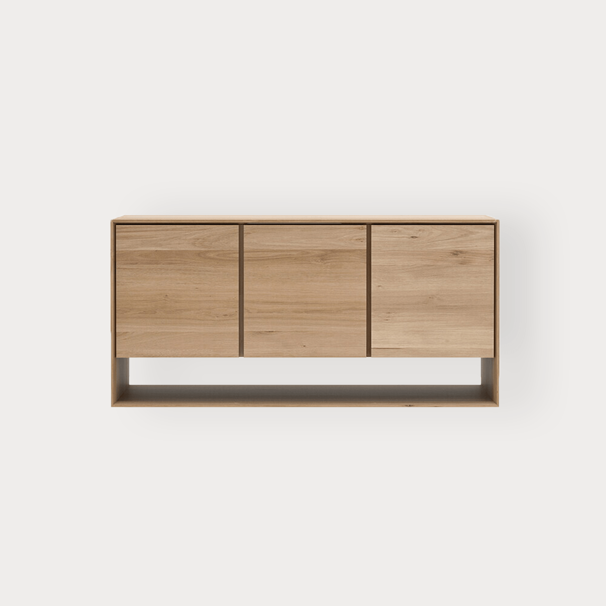 Ethnicraft Nordic Sideboard in natural oak with three doors, solid European oak wood, minimalist Nordic design.
