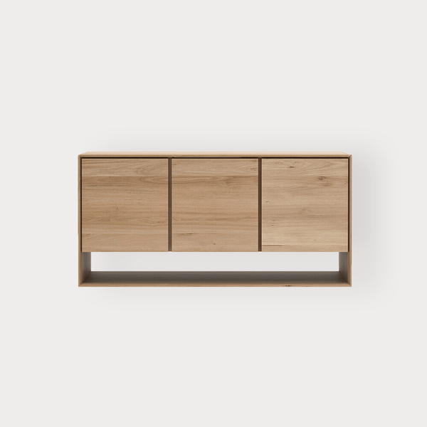 Ethnicraft Nordic Sideboard in natural oak with three doors, solid European oak wood, minimalist Nordic design.