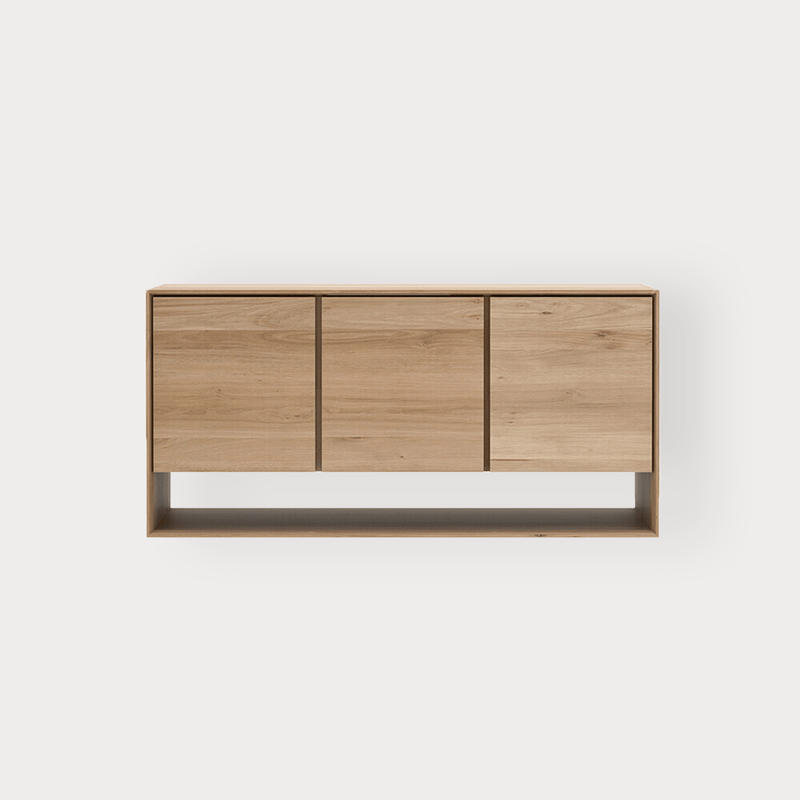 Ethnicraft Nordic Sideboard in natural oak with three doors, solid European oak wood, minimalist Nordic design.