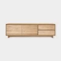 Ethnicraft Wave Entertainment Unit in natural oak with drawers and flip-down door made from solid European oak.