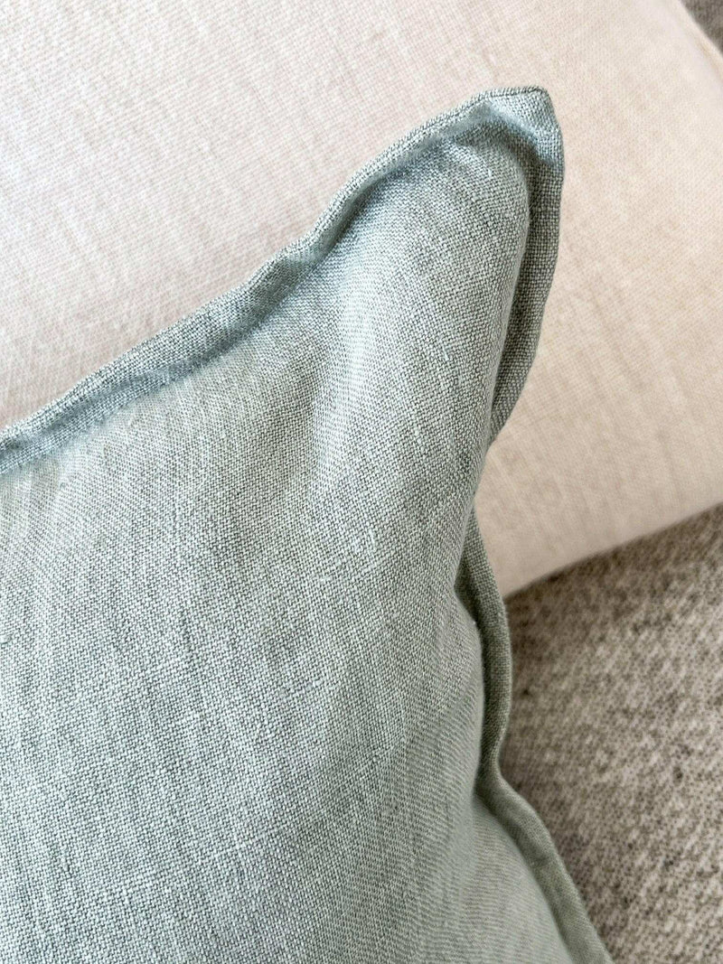 Baya Arcadia Cushion in sage green 100% linen with 1cm flange edge and feather insert, 40x60cm decorative pillow