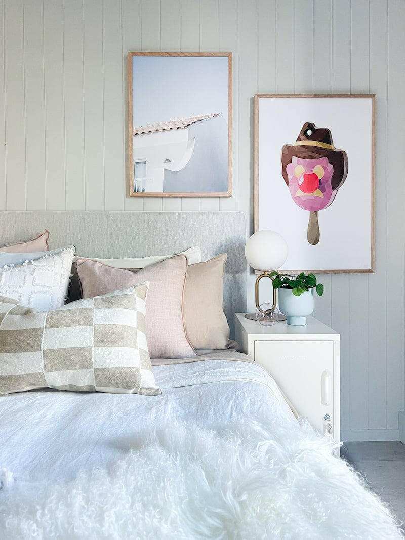 norsu Studio Cushion Lexus Rosewater with blush leather piping on bed with modern decor