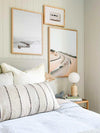 Wing Print photographic wall art in varying sizes displayed in a modern bedroom with neutral decor and a wooden bedside table.