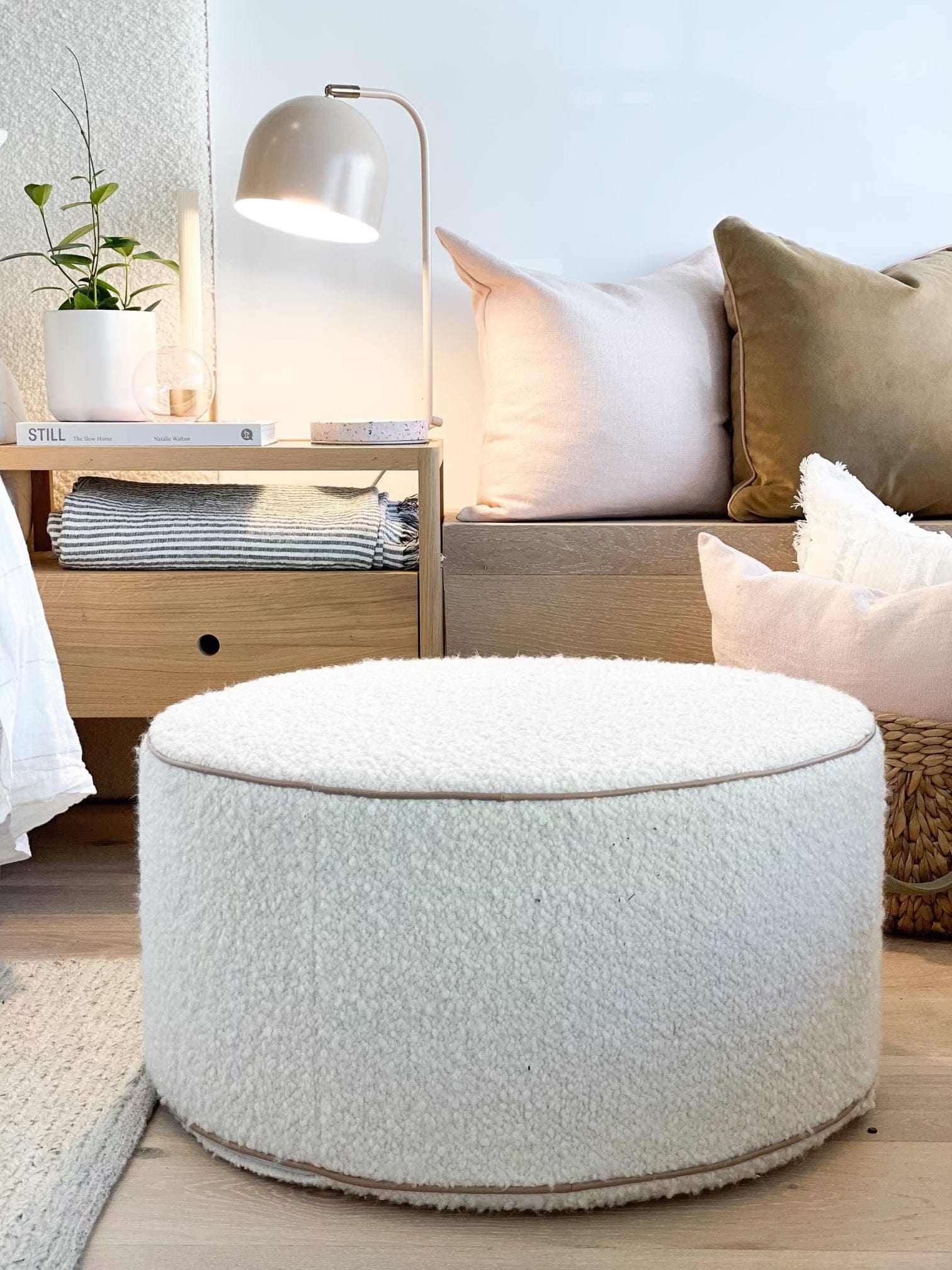 norsu interiors Ottomans norsu Ottoman, Bouclé Ivory with Leather Piping (Various Sizes) (6299338375356)