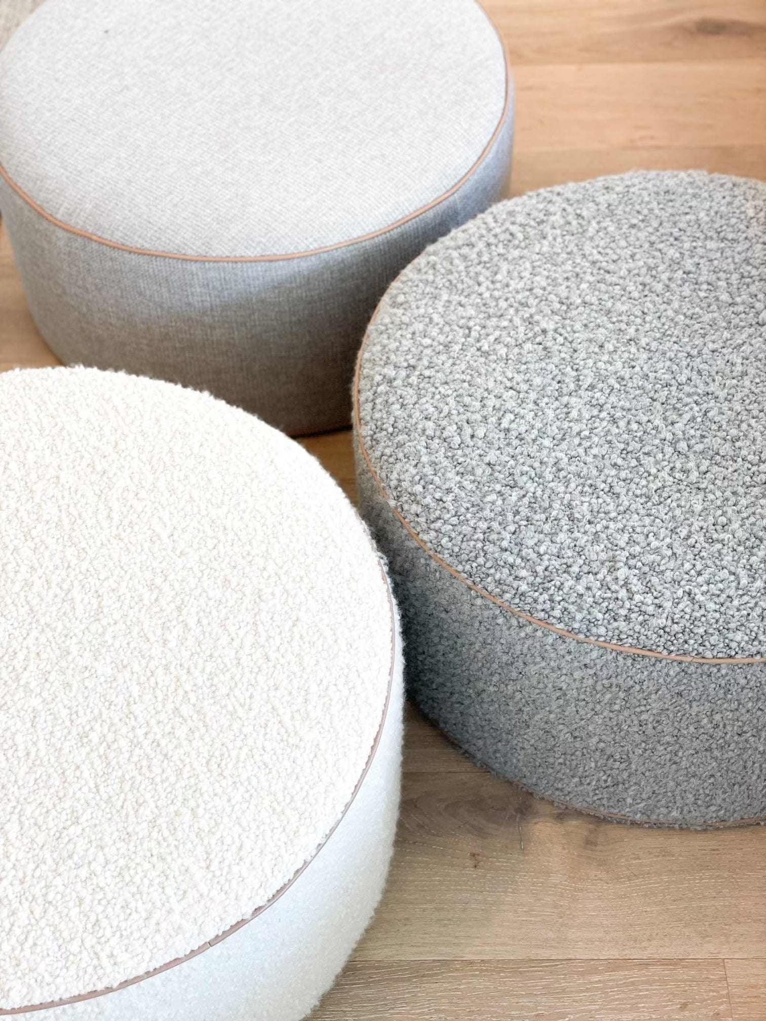 norsu interiors Ottomans norsu Ottoman, Bouclé Ivory with Leather Piping (Various Sizes) (6299338375356)